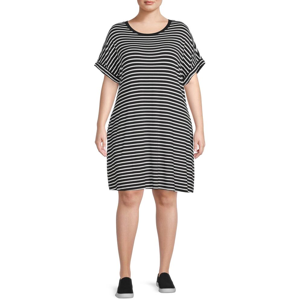 Terra & Sky Women's Plus Size 1X Roll Cuff T-Shirt Dress, Black & White Stripe